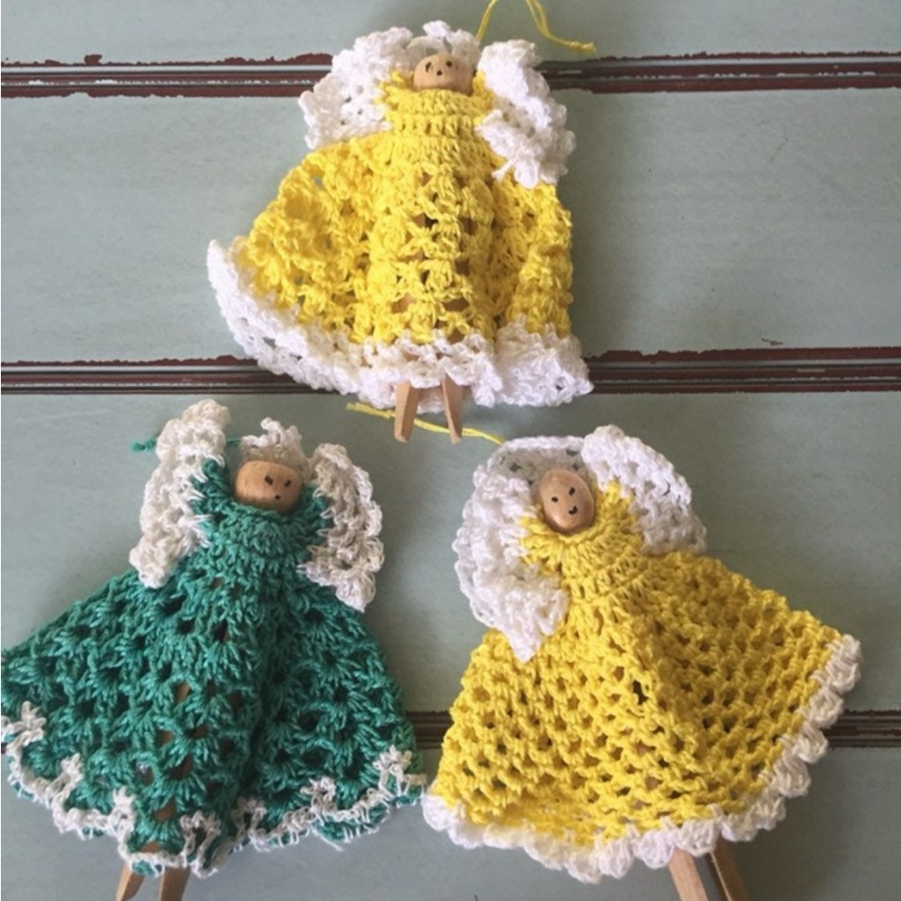 Retro Handmade Crochet Angel Ornaments - Yellow & Teal with White Trim